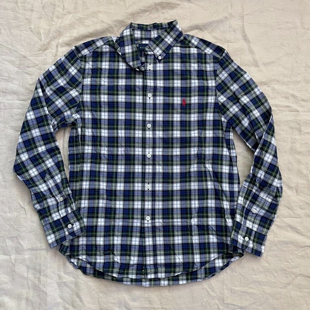 Polo Ralph Lauren Boys Shirt Sz L (16-18) Blue Green Plaid Button Front L/S